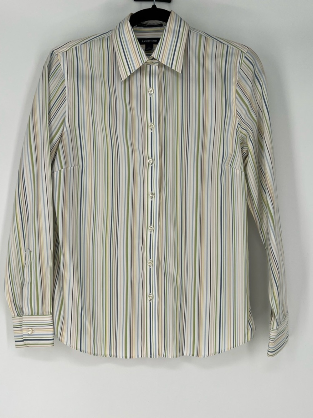 Lands' End Striped Button Down White Shirt - Blue, Green, Tan,‎ Gray